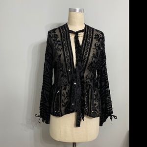 FOR LOVE AND LEMONS LONG SLEEVE VELVET BURNOUT BLOUSE WITH MIRROR DETAIL